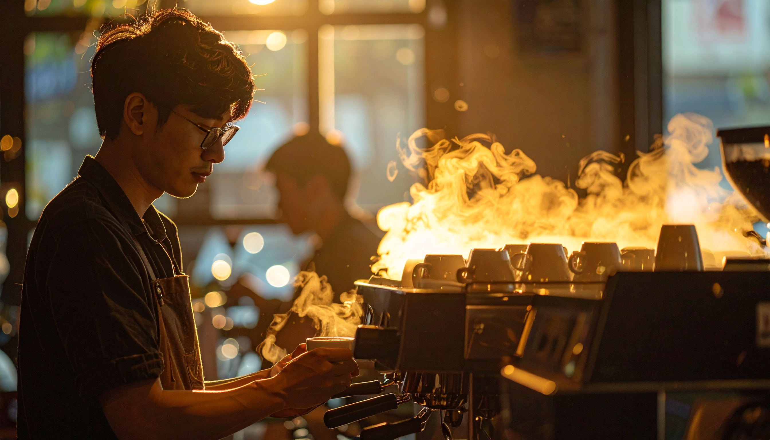 Barista em uma cafeteria iluminada por luz dourada suave, preparando uma bebida em máquina de café expresso, com vapor visível e ambiente acolhedor, foco no perfil do barista e na interação com a máquina, criando uma atmosfera de tranquilidade e dedicação.